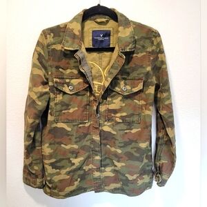 American Eagle Denim Jacket Womens Medium Green Brown Camo Military Coat